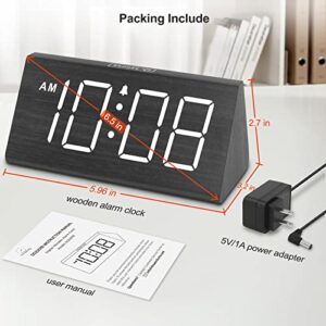 DreamSky Wooden Digital Alarm Clocks for Bedrooms - Electric Desk Clock with Large Numbers, USB Port, Battery Backup Alarm, Adjustable Volume, Dimmer, Snooze, DST, 12/24H, Wood Décor (Black)