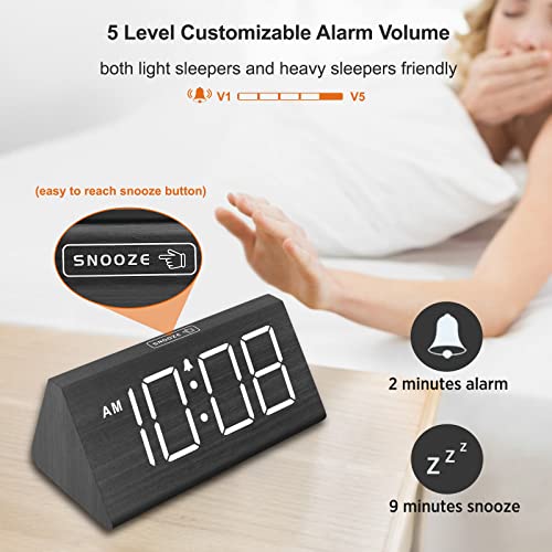 DreamSky Wooden Digital Alarm Clocks for Bedrooms - Electric Desk Clock with Large Numbers, USB Port, Battery Backup Alarm, Adjustable Volume, Dimmer, Snooze, DST, 12/24H, Wood Décor (Black)