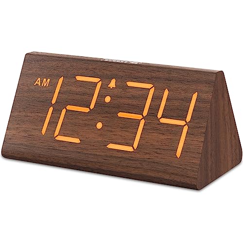 DreamSky Wooden Digital Alarm Clocks for Bedrooms - Electric Desk Clock with Large Numbers, USB Port, Battery Backup Alarm, Adjustable Volume, Dimmer, Snooze, DST, 12/24H, Wood Décor (Brown)