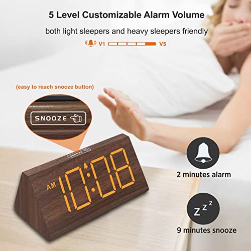 DreamSky Wooden Digital Alarm Clocks for Bedrooms - Electric Desk Clock with Large Numbers, USB Port, Battery Backup Alarm, Adjustable Volume, Dimmer, Snooze, DST, 12/24H, Wood Décor (Brown)