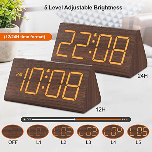 DreamSky Wooden Digital Alarm Clocks for Bedrooms - Electric Desk Clock with Large Numbers, USB Port, Battery Backup Alarm, Adjustable Volume, Dimmer, Snooze, DST, 12/24H, Wood Décor (Brown)