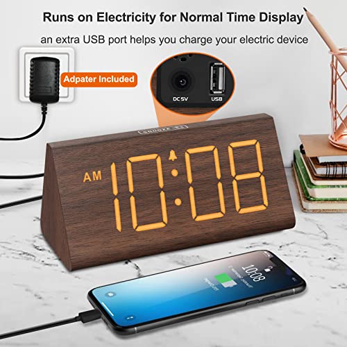 DreamSky Wooden Digital Alarm Clocks for Bedrooms - Electric Desk Clock with Large Numbers, USB Port, Battery Backup Alarm, Adjustable Volume, Dimmer, Snooze, DST, 12/24H, Wood Décor (Brown)