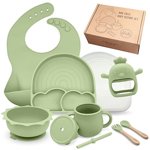 Baby Silicone Feeding Set - BPA Free Baby Led Weaning Supplies With Suction Bowl, Rainbow Divided Plate, Spoons, Forks, Sippy Cup Adjustable Bib, Teether - Self Feeding Dish Set for 6+Months (Olive)