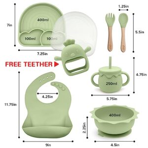 Baby Silicone Feeding Set - BPA Free Baby Led Weaning Supplies With Suction Bowl, Rainbow Divided Plate, Spoons, Forks, Sippy Cup Adjustable Bib, Teether - Self Feeding Dish Set for 6+Months (Olive)