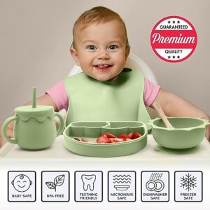 Baby Silicone Feeding Set - BPA Free Baby Led Weaning Supplies With Suction Bowl, Rainbow Divided Plate, Spoons, Forks, Sippy Cup Adjustable Bib, Teether - Self Feeding Dish Set for 6+Months (Olive)