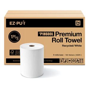 EZbrnd P1H600L EZ-Pull Premium 1-Ply Roll Paper Hand Towel, FSC Certified Recycled, White, 600' Length, Universal 8" X 1.5" Core, Pack of 6