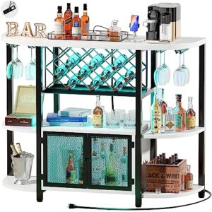 unikito bar table with double led lights and power outlet, freestanding wine rack table with glass holder, home mini bar with storage, bar cabinet for liquor and glasses for kitchen dining room, white