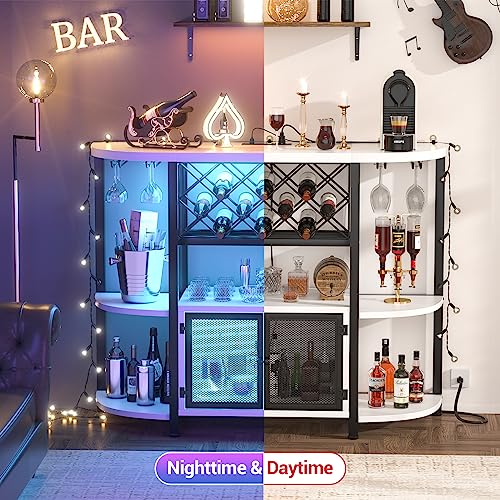 Unikito Bar Table with Double LED Lights and Power Outlet, Freestanding Wine Rack Table with Glass Holder, Home Mini Bar with Storage, Bar Cabinet for Liquor and Glasses for Kitchen Dining Room, White