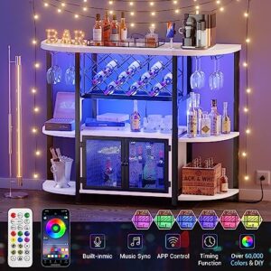 Unikito Bar Table with Double LED Lights and Power Outlet, Freestanding Wine Rack Table with Glass Holder, Home Mini Bar with Storage, Bar Cabinet for Liquor and Glasses for Kitchen Dining Room, White