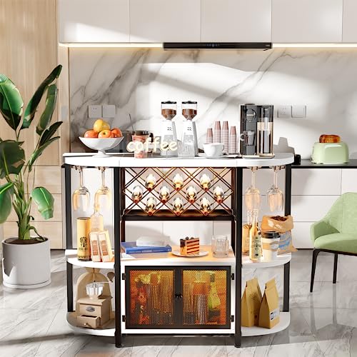 Unikito Bar Table with Double LED Lights and Power Outlet, Freestanding Wine Rack Table with Glass Holder, Home Mini Bar with Storage, Bar Cabinet for Liquor and Glasses for Kitchen Dining Room, White