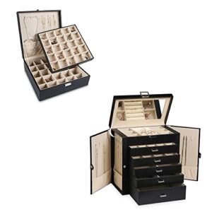 Frebeauty Large PU Jewelry Box Bundle:A Multi-functional Jewelry Box(Black) and A 50 Slot Earring Organizer Box(Black) of Rings Earrings Necklace Bracelets for Women Girls