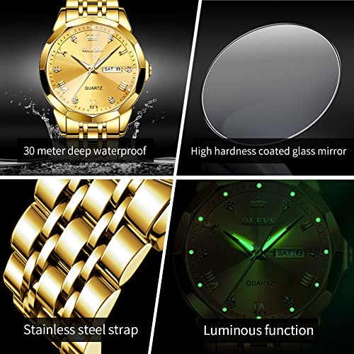 OLEVS Gold Watches for Men Diamond Business Dress Analog Quartz Stainless Steel Date Luxury Casual Fashion Wrist Watch Waterproof Luminous