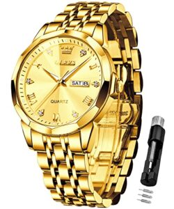 olevs gold watches for men diamond business dress analog quartz stainless steel date luxury casual fashion wrist watch waterproof luminous