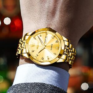 OLEVS Gold Watches for Men Diamond Business Dress Analog Quartz Stainless Steel Date Luxury Casual Fashion Wrist Watch Waterproof Luminous