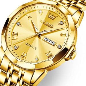 OLEVS Gold Watches for Men Diamond Business Dress Analog Quartz Stainless Steel Date Luxury Casual Fashion Wrist Watch Waterproof Luminous