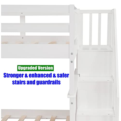 SNIFIT Upgraded Version & Stronger Solid Wood Convertible Bunk Bed Full Over Full with Trundle & Storage Shelves & Stairs, Thickened Reinforced Full Over Full Size Bunkbed (Easier Assembly) (White)