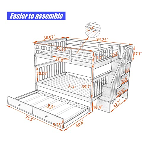 SNIFIT Upgraded Version & Stronger Solid Wood Convertible Bunk Bed Full Over Full with Trundle & Storage Shelves & Stairs, Thickened Reinforced Full Over Full Size Bunkbed (Easier Assembly) (White)