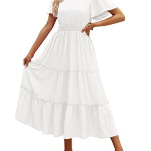 LILLUSORY Womens Midi Dresses 2023 Summer Short Sleeves Flowy Tiered Long Maxi Dress White