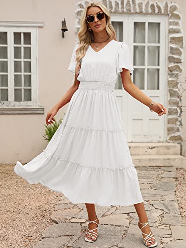 LILLUSORY Womens Midi Dresses 2023 Summer Short Sleeves Flowy Tiered Long Maxi Dress White