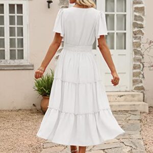 LILLUSORY Womens Midi Dresses 2023 Summer Short Sleeves Flowy Tiered Long Maxi Dress White