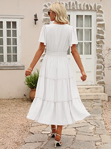 LILLUSORY Womens Midi Dresses 2023 Summer Short Sleeves Flowy Tiered Long Maxi Dress White