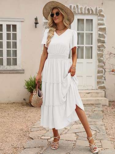 LILLUSORY Womens Midi Dresses 2023 Summer Short Sleeves Flowy Tiered Long Maxi Dress White