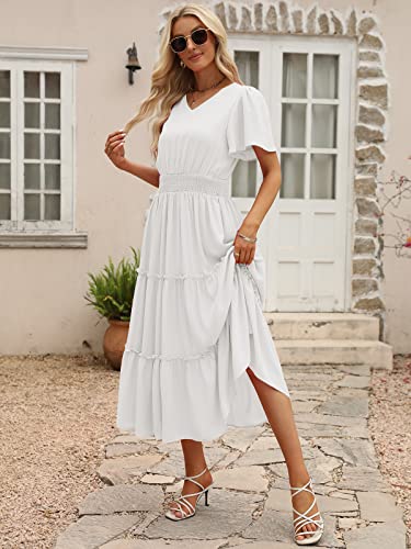 LILLUSORY Womens Midi Dresses 2023 Summer Short Sleeves Flowy Tiered Long Maxi Dress White