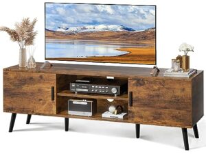 superjare tv stand for 55 inch tv, entertainment center with adjustable shelf, 2 cabinets, tv console table, media console, solid wood feet, cord holes, for living room, bedroom, rustic brown
