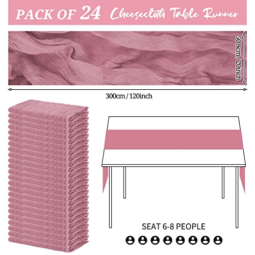 24 Pack Cheesecloth Table Runner 20 x 120 inch Cheese Cloth Table Runner Bulk,Romantic Boho Sheer Gauze Fabric Table Runners for Wedding Reception,Party,Bridal Shower Table Decor(Dusty Rose)