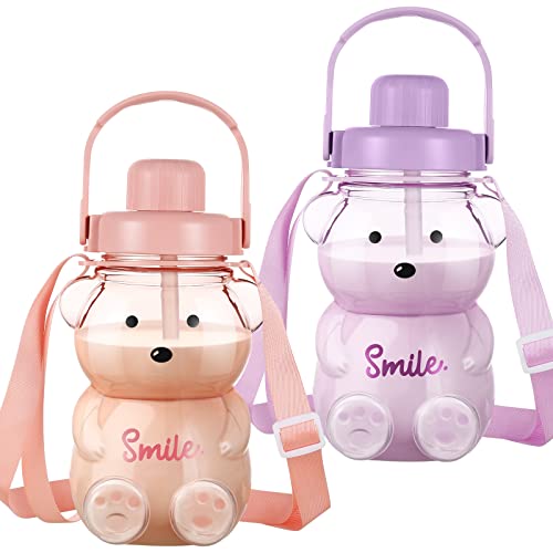 2 Pcs Cute Water Bottles Leak Proof Kawaii Bear Straw Bottle Large Capacity Bear Cup with Adjustable Removable Shoulder Strap Kawaii Stickers for Kids School Office Outdoor Activities (Pink, Purple)