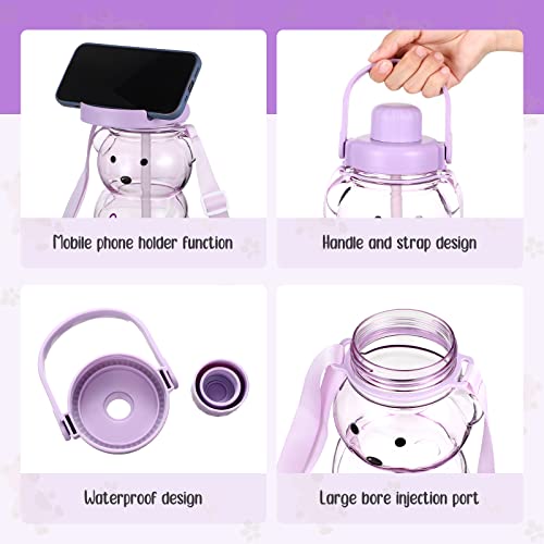 2 Pcs Cute Water Bottles Leak Proof Kawaii Bear Straw Bottle Large Capacity Bear Cup with Adjustable Removable Shoulder Strap Kawaii Stickers for Kids School Office Outdoor Activities (Pink, Purple)