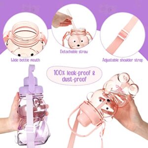 2 Pcs Cute Water Bottles Leak Proof Kawaii Bear Straw Bottle Large Capacity Bear Cup with Adjustable Removable Shoulder Strap Kawaii Stickers for Kids School Office Outdoor Activities (Pink, Purple)