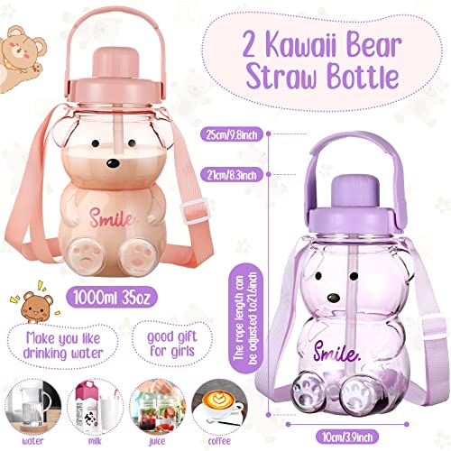 2 Pcs Cute Water Bottles Leak Proof Kawaii Bear Straw Bottle Large Capacity Bear Cup with Adjustable Removable Shoulder Strap Kawaii Stickers for Kids School Office Outdoor Activities (Pink, Purple)