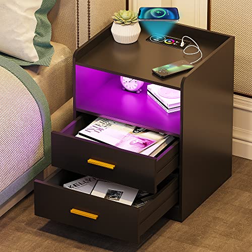Gurexl RGB Nightstand with Wireless Charging Station and USB Ports Auto Sensor LED 24 Color Dimmable for Bedroom Furniture,Modern Bedside Table with Human Body Sensor Function and 2 Drawers