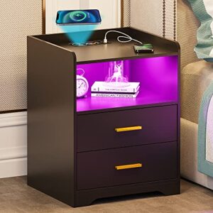 gurexl rgb nightstand with wireless charging station and usb ports auto sensor led 24 color dimmable for bedroom furniture,modern bedside table with human body sensor function and 2 drawers