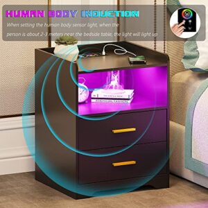 Gurexl RGB Nightstand with Wireless Charging Station and USB Ports Auto Sensor LED 24 Color Dimmable for Bedroom Furniture,Modern Bedside Table with Human Body Sensor Function and 2 Drawers