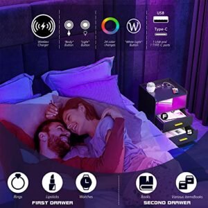 Gurexl RGB Nightstand with Wireless Charging Station and USB Ports Auto Sensor LED 24 Color Dimmable for Bedroom Furniture,Modern Bedside Table with Human Body Sensor Function and 2 Drawers