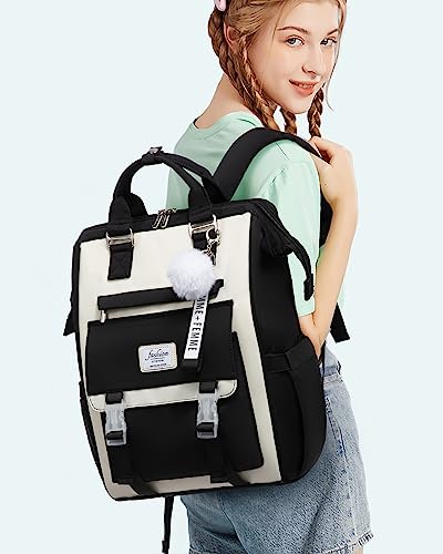 LOVEVOOK Laptop Backpack for Women,15.6 Inch College Backpack,Light Weight Travel Backpack Waterproof Casual Daypack Computer Backpack fits Travel Work Casual（15.6 inch,Black&Beige）