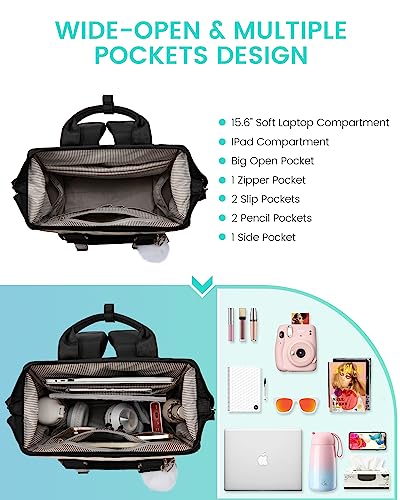 LOVEVOOK Laptop Backpack for Women,15.6 Inch College Backpack,Light Weight Travel Backpack Waterproof Casual Daypack Computer Backpack fits Travel Work Casual（15.6 inch,Black&Beige）