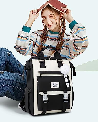 LOVEVOOK Laptop Backpack for Women,15.6 Inch College Backpack,Light Weight Travel Backpack Waterproof Casual Daypack Computer Backpack fits Travel Work Casual（15.6 inch,Black&Beige）