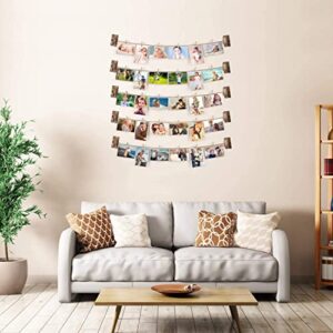 Emfogo Hanging Photo Display, Wood Picture Photo Frame for Wall DIY Decor 5 Strings with 30 Clips, Adjustable Twines fit Multi Pictures Frames Collage Organizer 35 x 35 inch