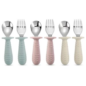 pandaear 6 pieces baby toddler silicone stainless steel utensils silverware spoon fork for baby toddler bpa free with silicone holding anti-choke design