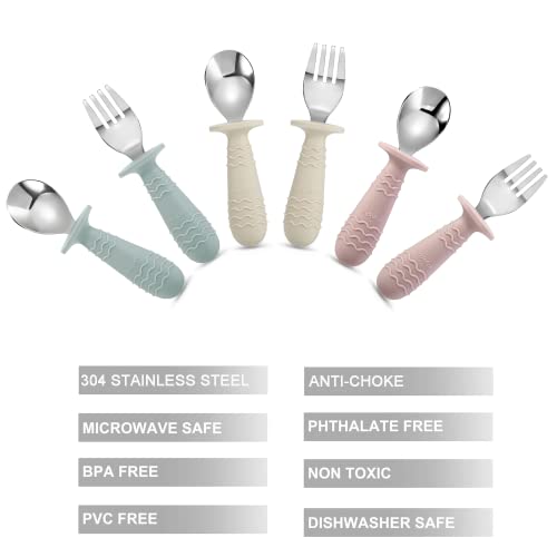 PandaEar 6 Pieces Baby Toddler Silicone Stainless Steel Utensils Silverware Spoon Fork for Baby Toddler BPA Free with Silicone Holding Anti-Choke Design