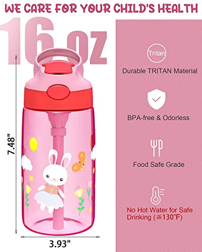 A+ Choice Kids Water Bottle with Straw & Handle - 16 oz BPA Free Kids Water Bottles, Spill Proof, Easy-Clean, Dishwasher Safe - Cute Rabbit Pink