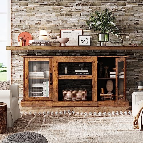 WLIVE Retro TV Stand for 65 inch TV, TV Console Cabinet with Storage, Open Shelves Entertainment Center for Living Room and Bedroom, Rustic Brown…