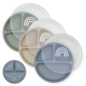 hippypotamus toddler plates with suction - baby plates - 100% food-grade silicone divided plates - bpa free - dishwasher safe - set of 3 (sage/blush/nude) (fog/nude/sage with lids)