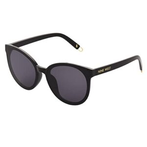 nine west women's sima round sunglasses, shiny black, 63 mm