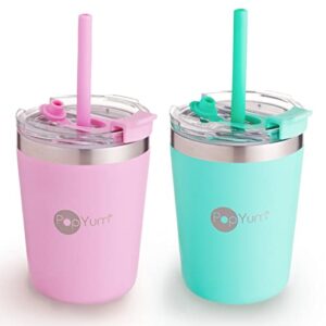 popyum 9oz insulated stainless steel kids’ cups with lid and straw, 2-pack, green, pink, stackable, sippy, baby, child, toddler, tumbler, double wall, vacuum, leak proof