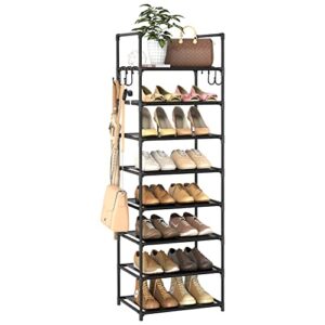 lanteful 8 tiers tall shoe rack, narrow vertical shoe rack for entryway closet, 16-20 pairs shoe and boots organizer storage sturdy shoe shelf, metal stackable shoe stand with hooks