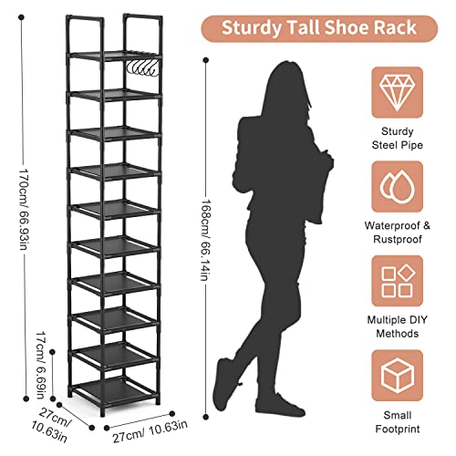 LANTEFUL Tall Narrow Shoe Rack for Entryway, 10-Tier Sturdy Metal Shoe Shelf Storage 10-15 Pairs of Shoes and Boots, Space Saving Corner Shoe Rack Organizer for Closet,Doorway,Garage,Living Room